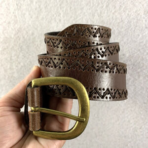 Mens Genuine Leather Belt Sz L Zig Zag‎ Stitch Cut Outs Western Made in India